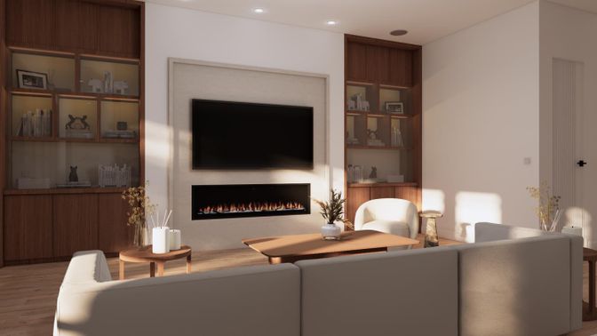 Fireplace, Interior, Living room, Recessed Lighting, Wood Texture Flooring