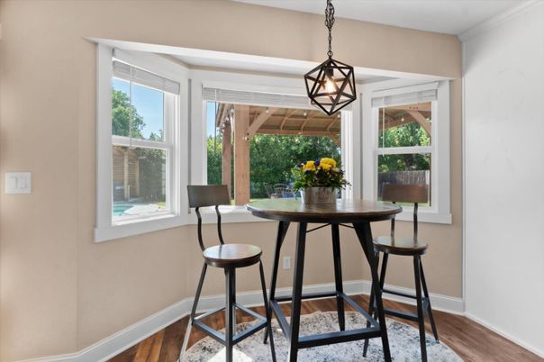 Dining room, Interior, Pendant Lights, Wood Texture Flooring
