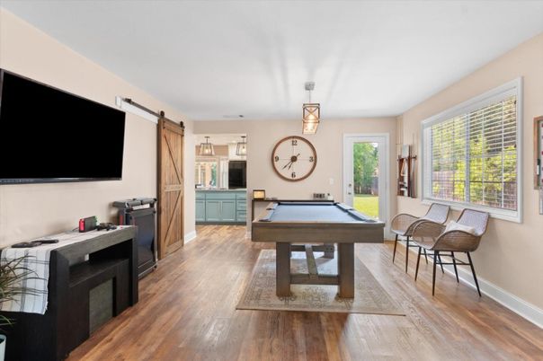 Billiard Table, Game Room, Interior, Pendant Lights, Wood Texture Flooring