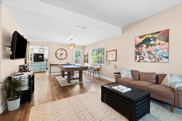 Billiard Table, Game Room, Interior, Living room, Pendant Lights, Wood Texture Flooring