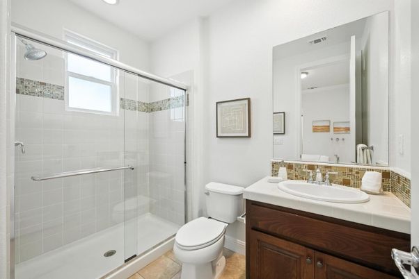 Bathroom, Glass Shower, Interior, Recessed Lighting, Tile Countertops
