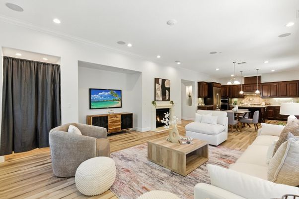 Dining room, Fireplace, Interior, Kitchen, Living room, Pendant Lights, Recessed Lighting, Wood Texture Flooring