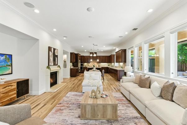Fireplace, Interior, Kitchen, Living room, Pendant Lights, Recessed Lighting, Wood Texture Flooring