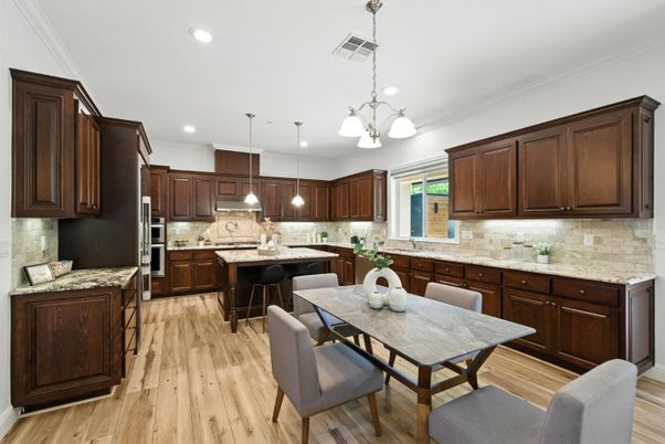 Dining room, Interior, Kitchen, Pendant Lights, Recessed Lighting, Wood Texture Flooring