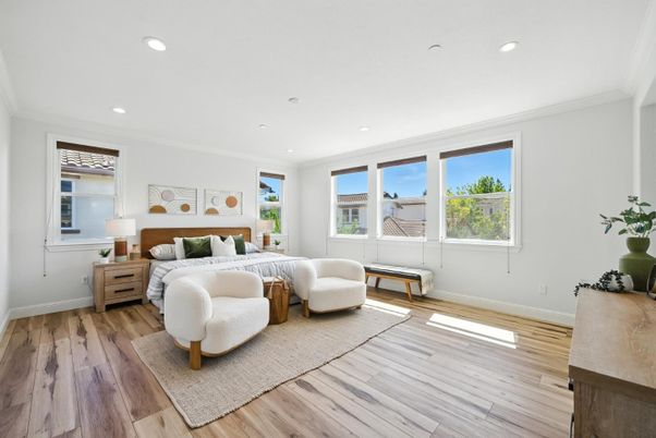 Bedroom, Interior, Recessed Lighting, Wood Texture Flooring