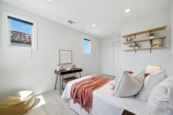 Bedroom, Interior, Recessed Lighting, Wood Texture Flooring