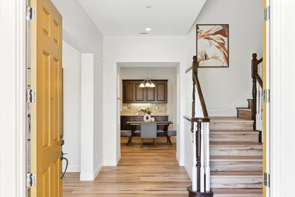 Dining room, Interior, Pendant Lights, Recessed Lighting, Wood Texture Flooring