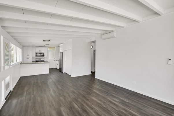 Empty room, Interior, Kitchen, Stainless Steel Appliances, Wood Texture Flooring