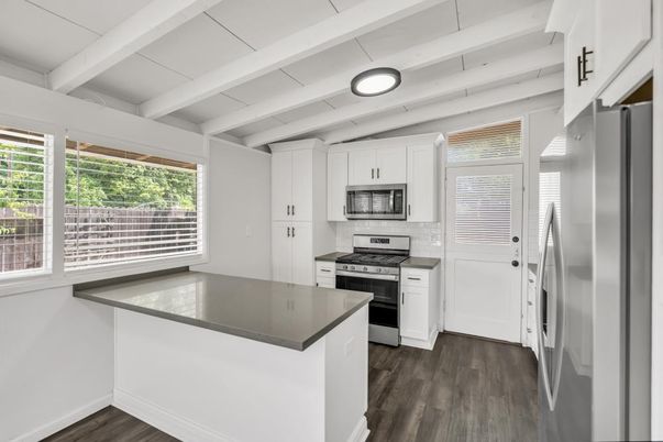 Interior, Kitchen, Recessed Lighting, Stainless Steel Appliances, Wood Texture Flooring