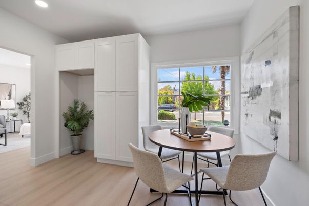 Dining room, Interior, Recessed Lighting, Wood Texture Flooring