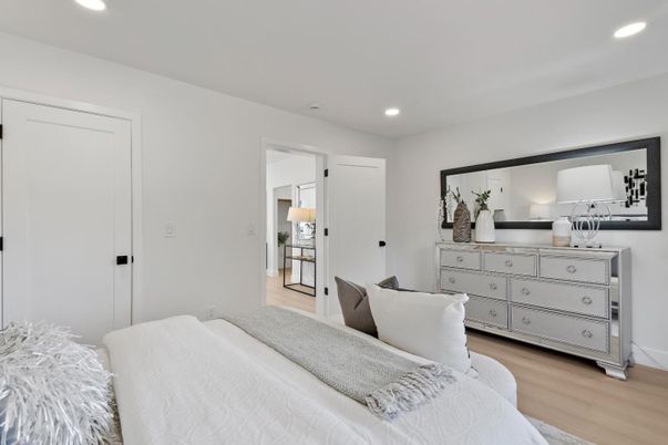 Bedroom, Interior, Recessed Lighting, Wood Texture Flooring