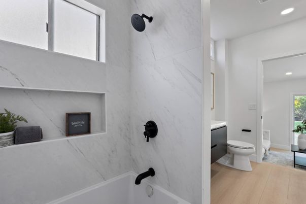 Bathroom, Interior, Marble Walls, Recessed Lighting, Wood Texture Flooring