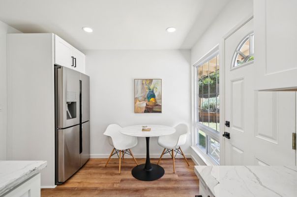 Dining room, Interior, Kitchen, Recessed Lighting, Wood Texture Flooring
