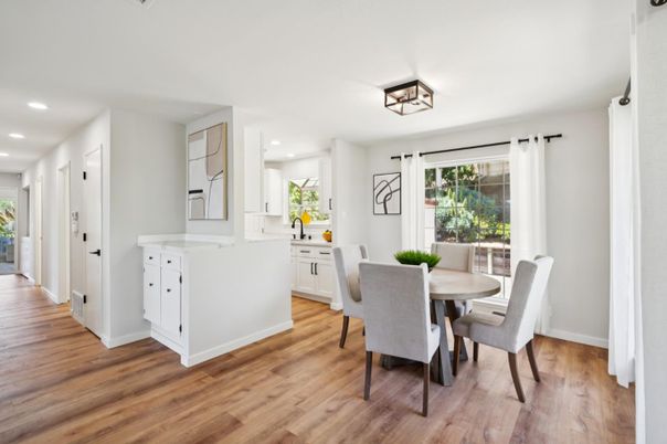 Dining room, Interior, Kitchen, Recessed Lighting, Wood Texture Flooring