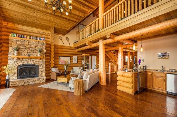 Chandelier, Fireplace, Interior, Living room, Pendant Lights, Stone Walls, Wooden Beams, Wooden Ceilings, Wood Texture Flooring, Wooden Walls