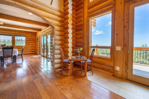 Dining room, Interior, Recessed Lighting, Wooden Beams, Wood Texture Flooring, Wooden Walls
