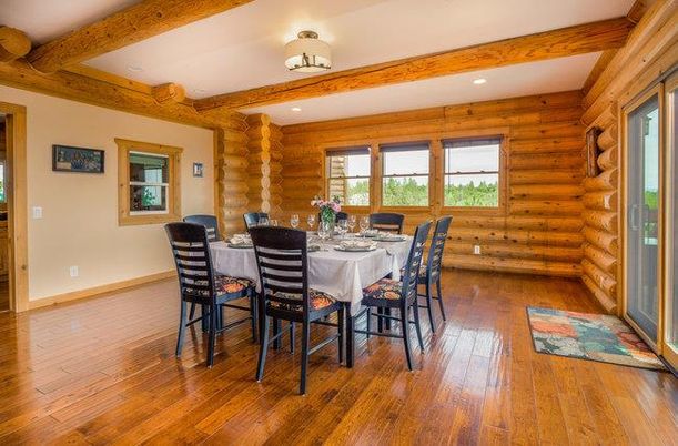 Dining room, Interior, Recessed Lighting, Wooden Beams, Wood Texture Flooring, Wooden Walls