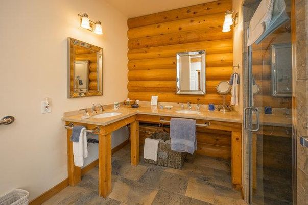 Bathroom, Dual Sink Vanities, Glass Shower, Interior, Wooden Walls