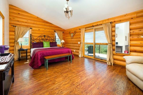 Bedroom, Interior, Pendant Lights, Wood Texture Flooring, Wooden Walls
