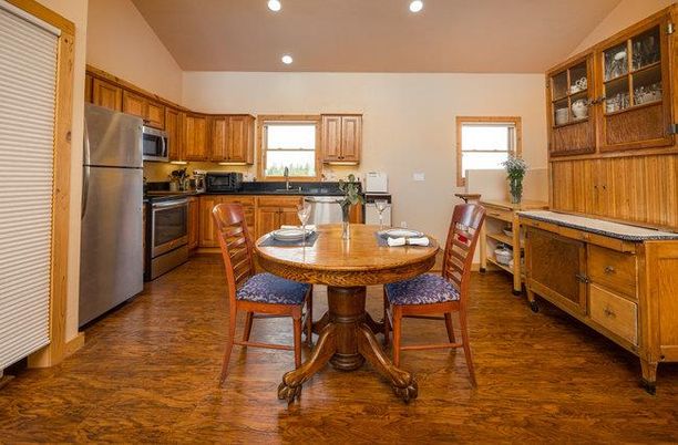 Dining room, Interior, Kitchen, Recessed Lighting, Stainless Steel Appliances, Wood Texture Flooring
