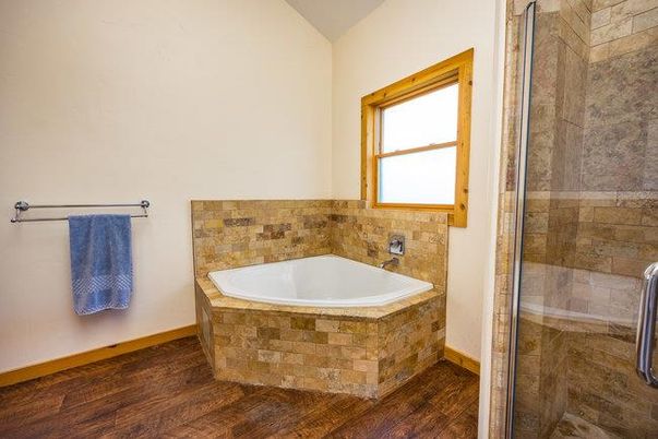 Bathroom, Glass Shower, Interior, Wood Texture Flooring