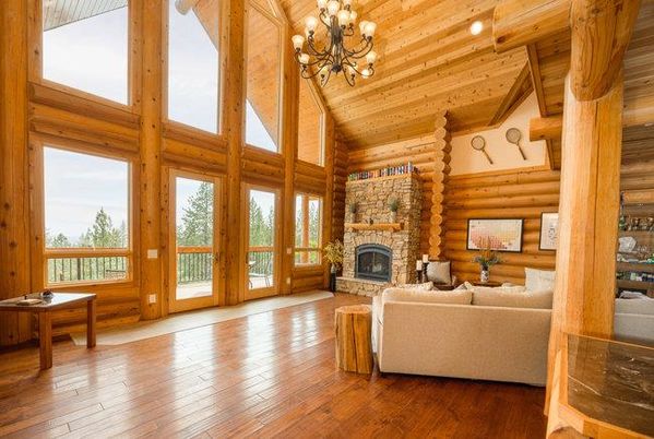 Chandelier, Fireplace, Interior, Living room, Recessed Lighting, Wooden Beams, Wooden Ceilings, Wood Texture Flooring, Wooden Walls