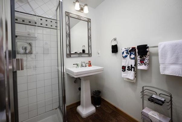 Bathroom, Glass Shower, Interior, Wood Texture Flooring