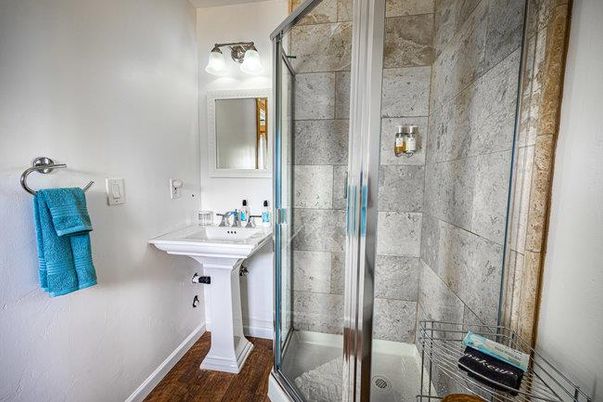 Bathroom, Interior, Stone Walls, Wood Texture Flooring