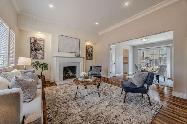 Dining room, Fireplace, Interior, Living room, Recessed Lighting, Wood Texture Flooring
