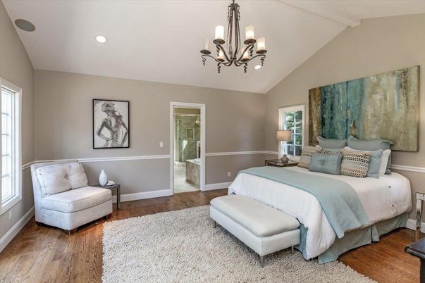 Bedroom, Chandelier, Interior, Recessed Lighting, Wood Texture Flooring