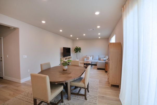 Dining room, Interior, Living room, Recessed Lighting, Wood Texture Flooring