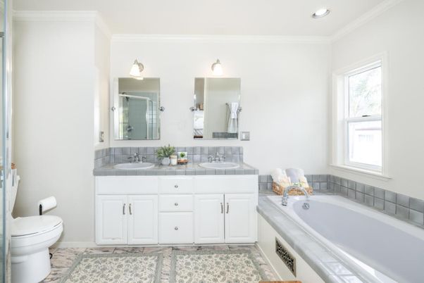 Bathroom, Dual Sink Vanities, Interior, Recessed Lighting, Tile Countertops