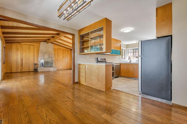 Empty room, Fireplace, Interior, Kitchen, Wooden Beams, Wood Texture Flooring, Wooden Walls