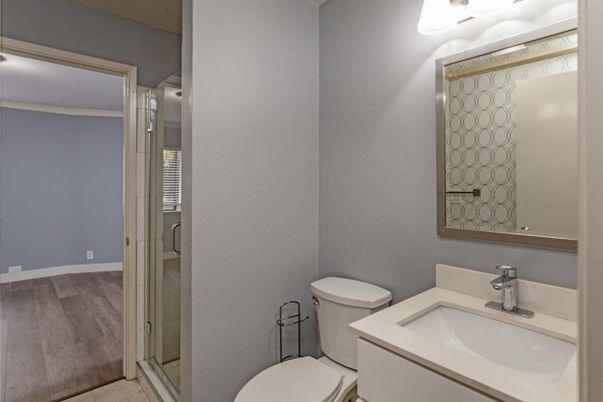 Bathroom, Glass Shower, Interior, Wood Texture Flooring