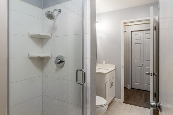 Bathroom, Glass Shower, Interior, Wood Texture Flooring