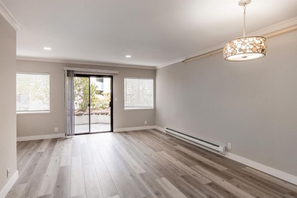 Empty room, Interior, Pendant Lights, Recessed Lighting, Wood Texture Flooring
