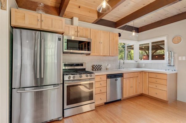 Interior, Kitchen, Pendant Lights, Stainless Steel Appliances, Wooden Beams, Wooden Ceilings, Wood Texture Flooring