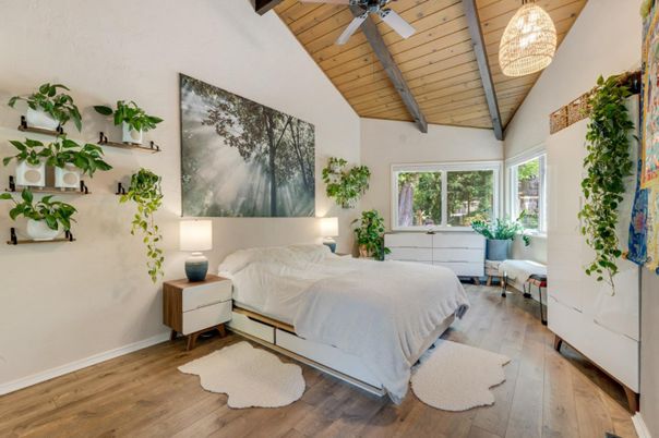Bedroom, Interior, Pendant Lights, Wooden Beams, Wooden Ceilings, Wood Texture Flooring
