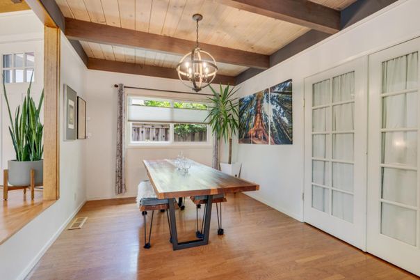 Dining room, Interior, Pendant Lights, Wooden Beams, Wooden Ceilings, Wood Texture Flooring