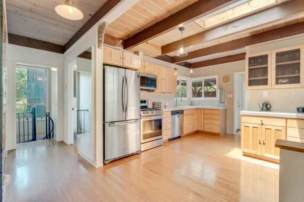 Interior, Kitchen, Pendant Lights, Stainless Steel Appliances, Wooden Beams, Wooden Ceilings, Wood Texture Flooring