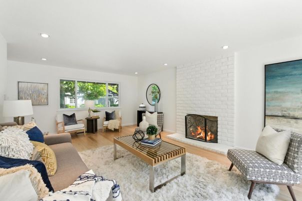 Fireplace, Interior, Living room, Recessed Lighting, Stone Walls, Wood Texture Flooring