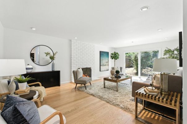 Fireplace, Interior, Living room, Recessed Lighting, Wood Texture Flooring