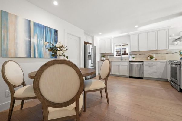 Dining room, Interior, Kitchen, Recessed Lighting, Stainless Steel Appliances, Wood Texture Flooring