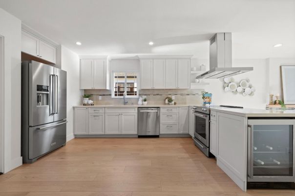 Interior, Kitchen, Recessed Lighting, Stainless Steel Appliances, Wood Texture Flooring