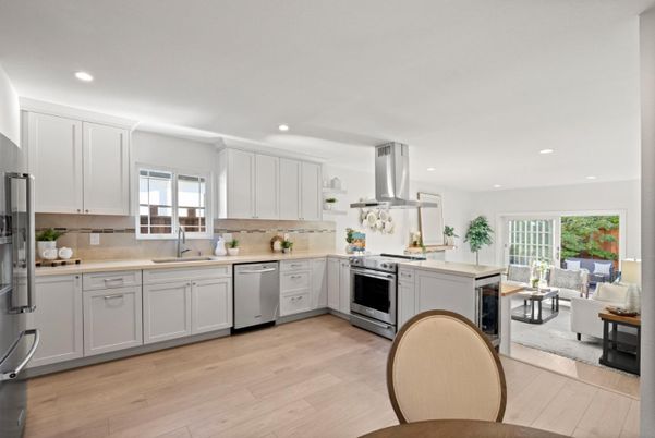 Interior, Kitchen, Living room, Recessed Lighting, Stainless Steel Appliances, Wood Texture Flooring