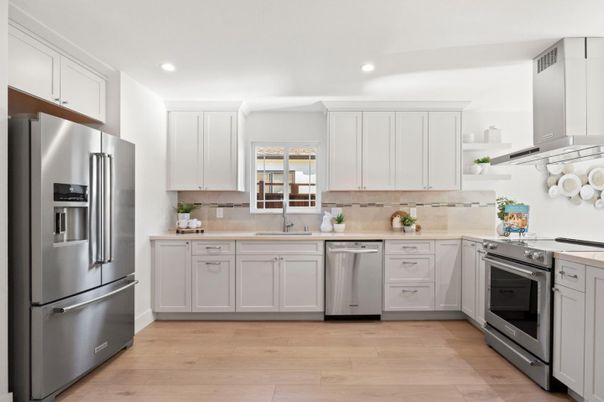 Interior, Kitchen, Recessed Lighting, Stainless Steel Appliances, Wood Texture Flooring