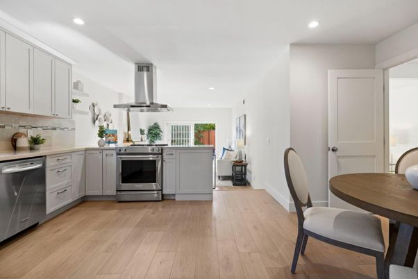 Interior, Kitchen, Recessed Lighting, Stainless Steel Appliances, Wood Texture Flooring