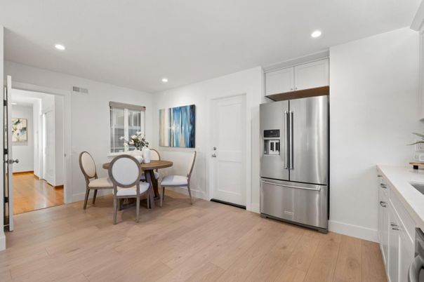 Dining room, Interior, Kitchen, Recessed Lighting, Stainless Steel Appliances, Wood Texture Flooring