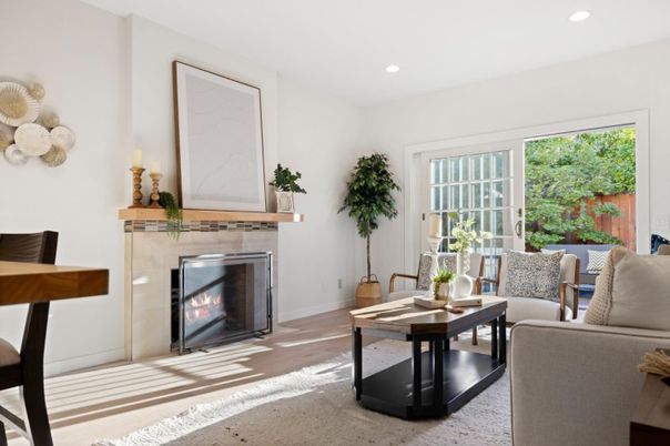 Fireplace, Interior, Living room, Recessed Lighting, Wood Texture Flooring
