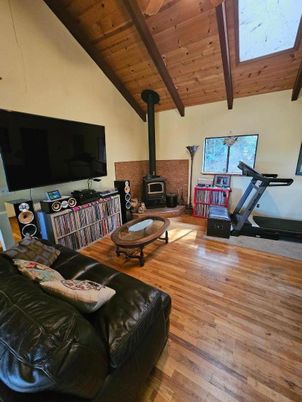 Fireplace, Fitness Equipment, Interior, Living room, Wooden Beams, Wooden Ceilings, Wood Texture Flooring